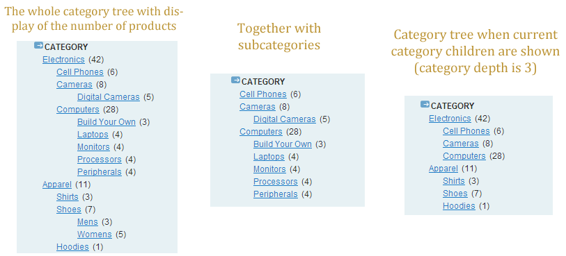 Configure the number of category levels shown, from which level to show them and product quantitu display magento category layered navigation