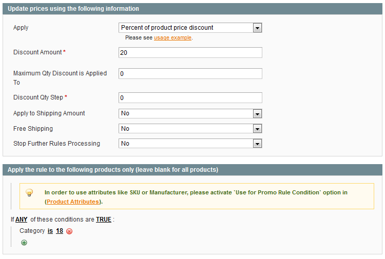 percentage off one product category in Magento store