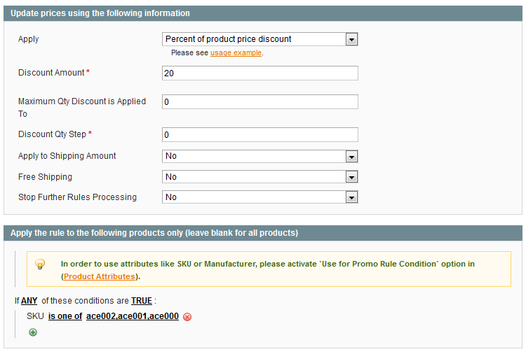 specify percentage off specific products in Magento store