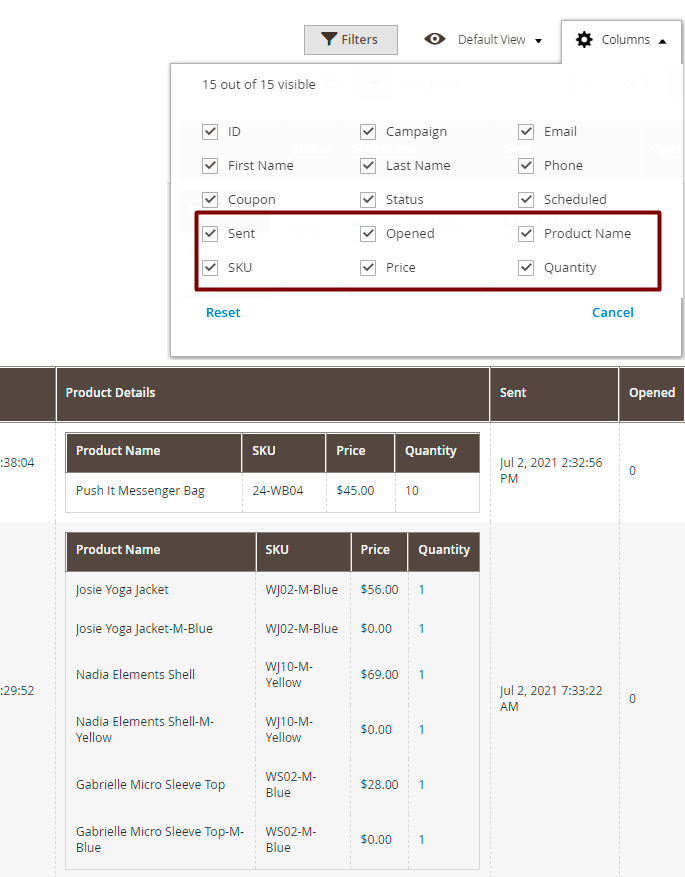 magento 2 abandoned cart email history new columns