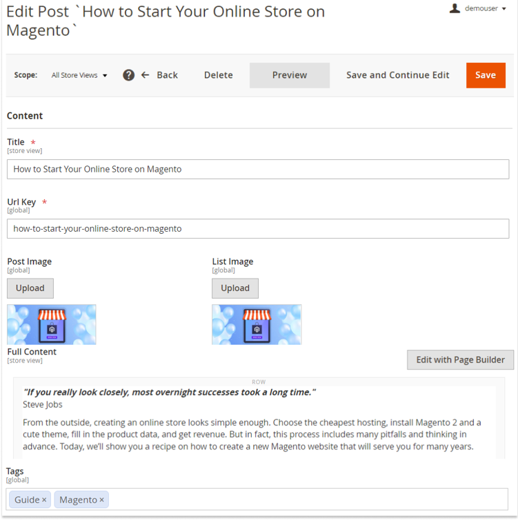 magento 2 blog post creation page