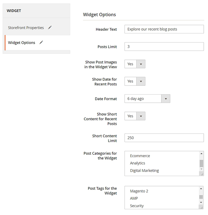 magento 2 blog pro widget recent blog posts options