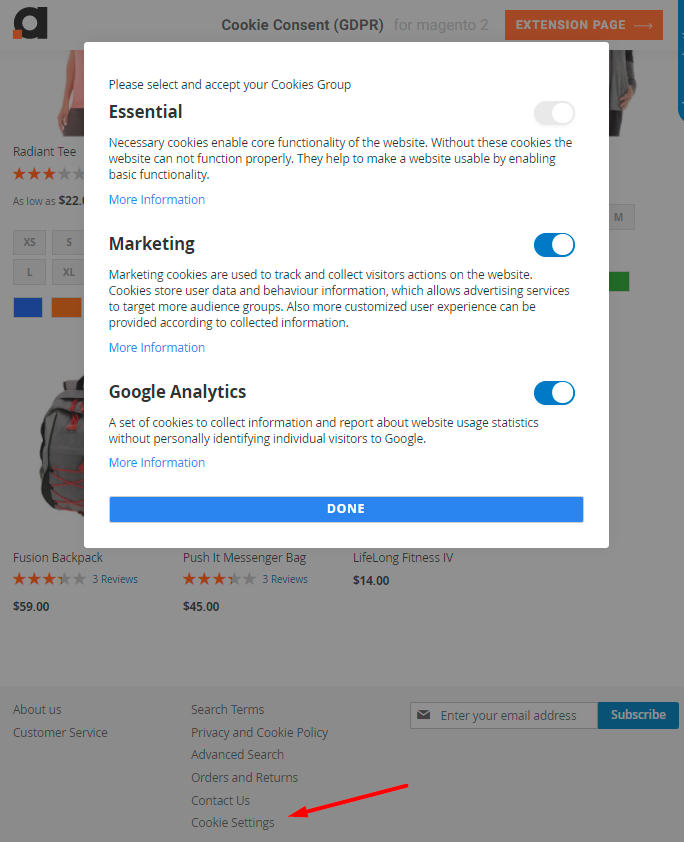 magento 2 cookie consent cookie settings footer