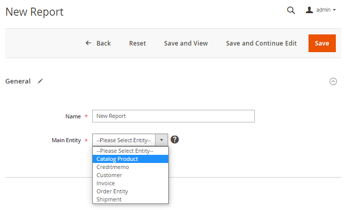 magento 2 custom reports choose main entity