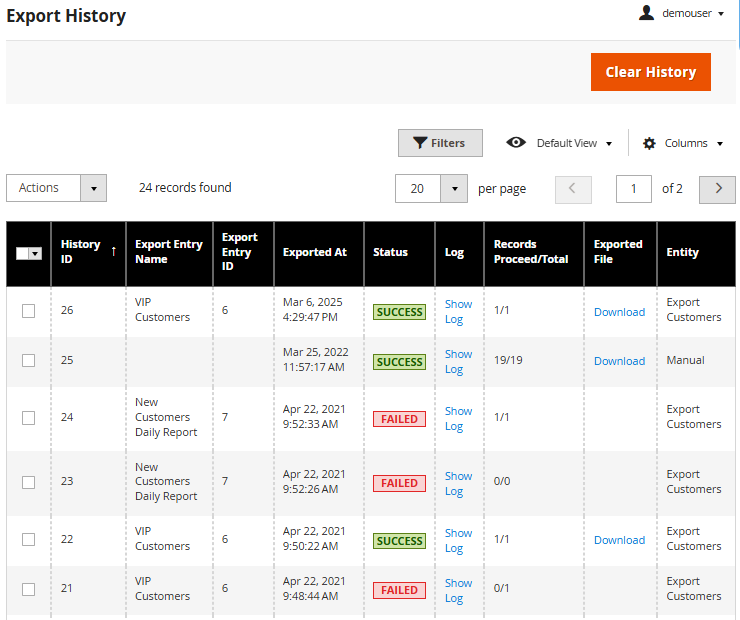 magento 2 export customers general history