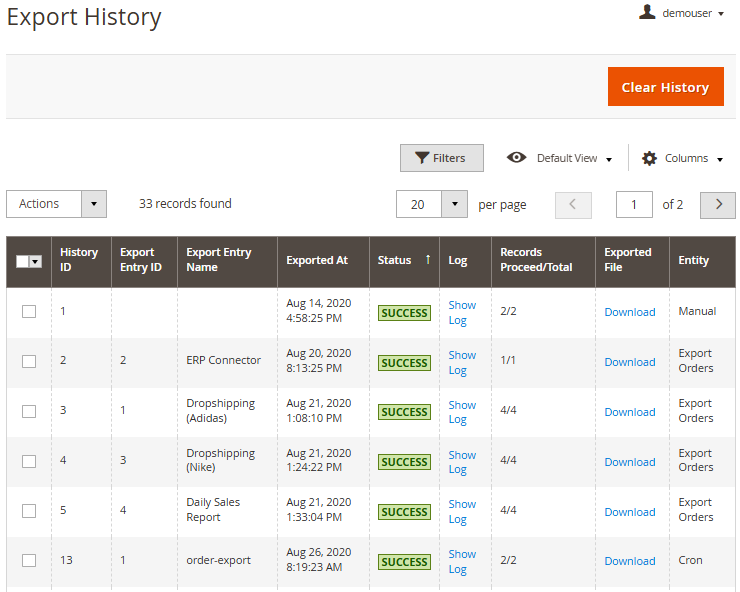 magento 2 export orders export order history