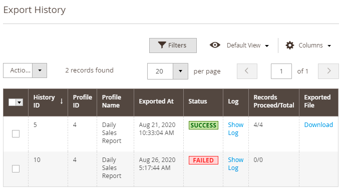 magento 2 export orders export order profile history
