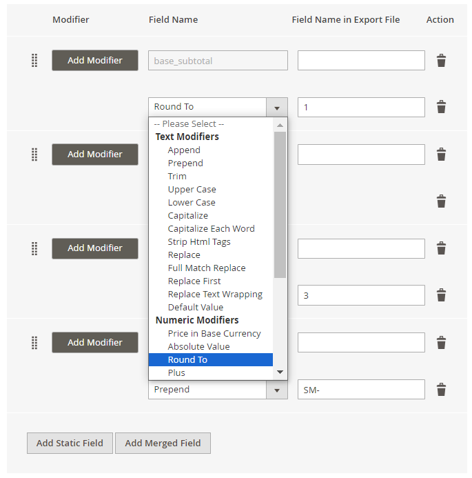 magento 2 export orders modifiers dropdown