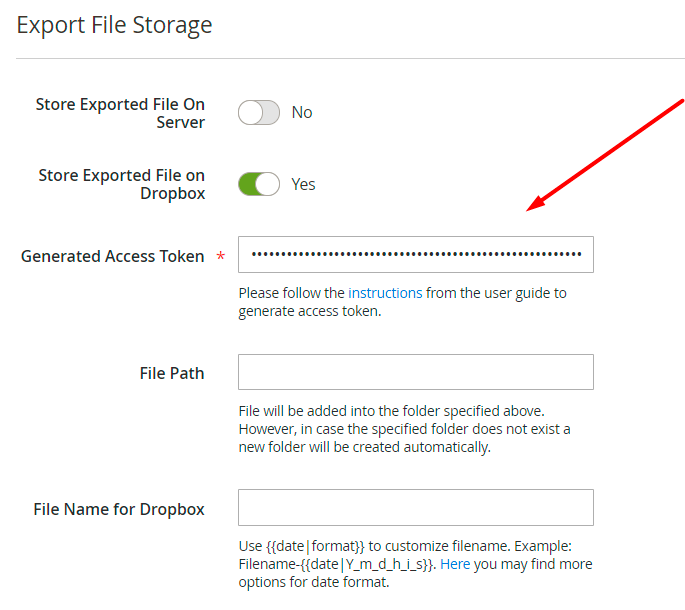 magento 2 export products dropbox config token