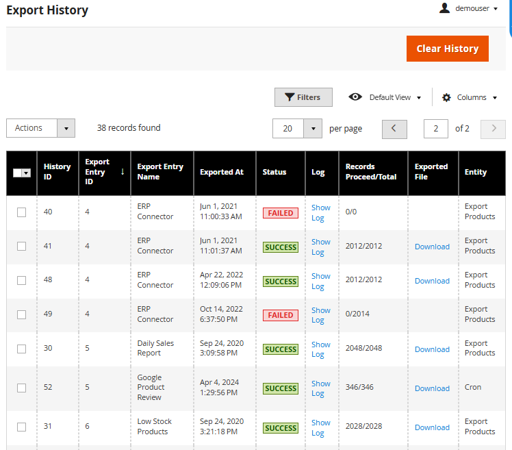 magento 2 export products general history