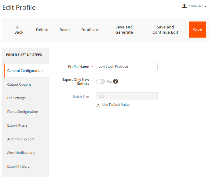 magento 2 export products profile general settings
