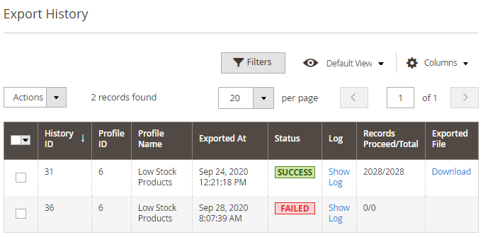 magento 2 export products profile history