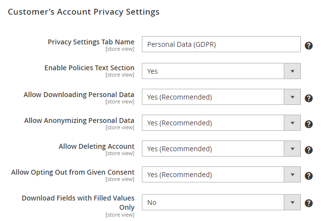 magento 2 gdpr gdpr settings