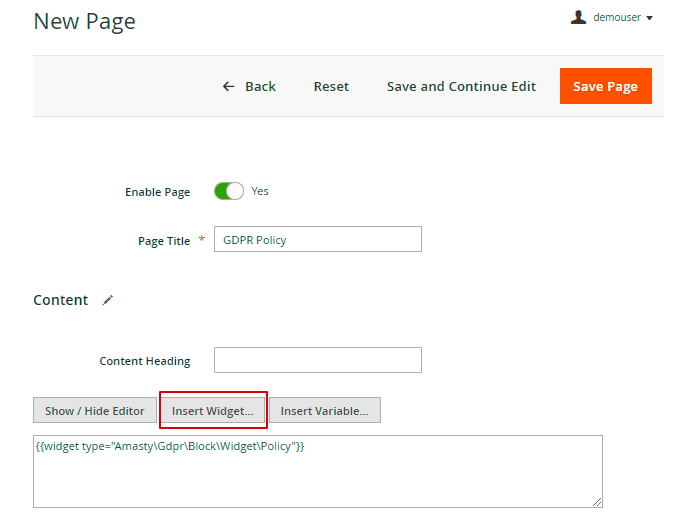 magento 2 gdpr insert widget to cms page