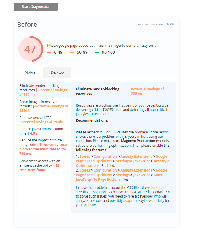 magento 2 google page speed optimizer gpso m2 diagnostics
