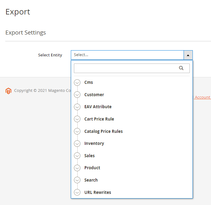 magento 2 import and export core export entities