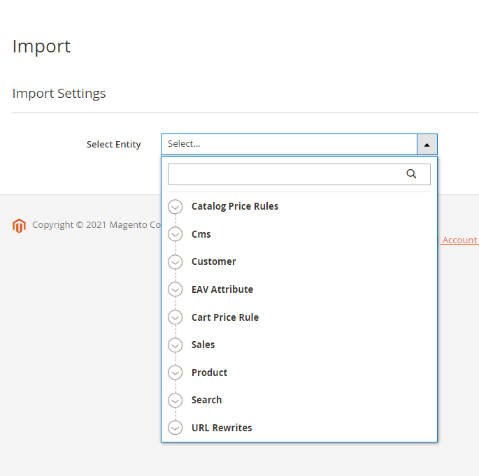 magento 2 import and export core import entities