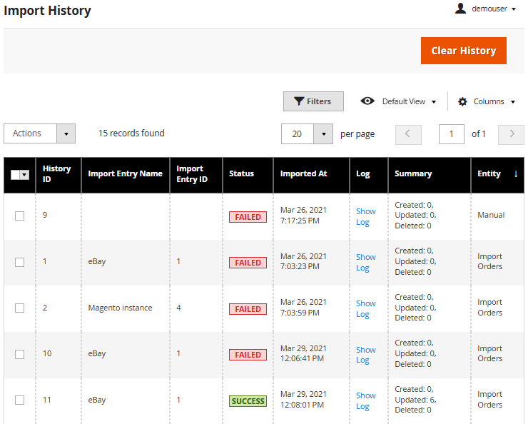magento 2 import orders general history
