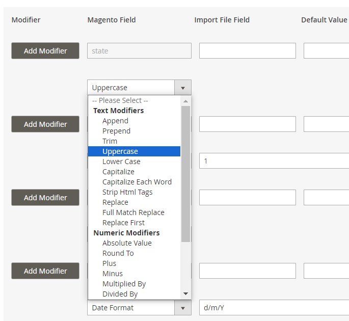 magento 2 import orders import modifiers dropdown