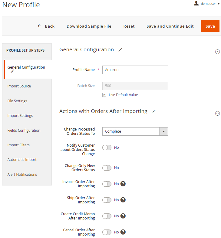 magento 2 import orders new profile general settings
