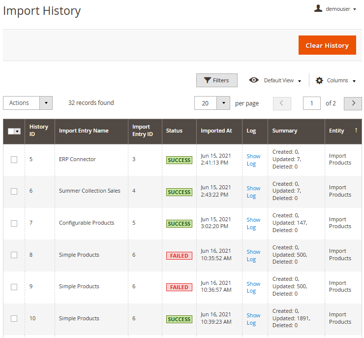 magento 2 import products productgeneralhistory