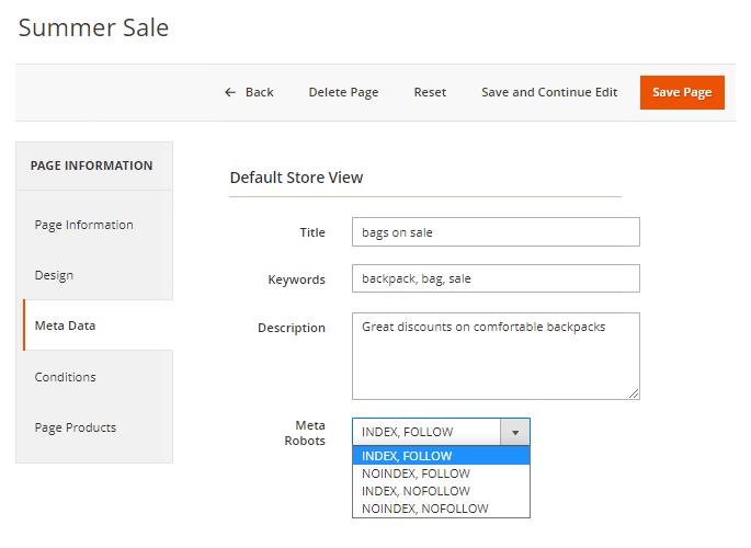 magento 2 landing pages landing pages m2 meta robots
