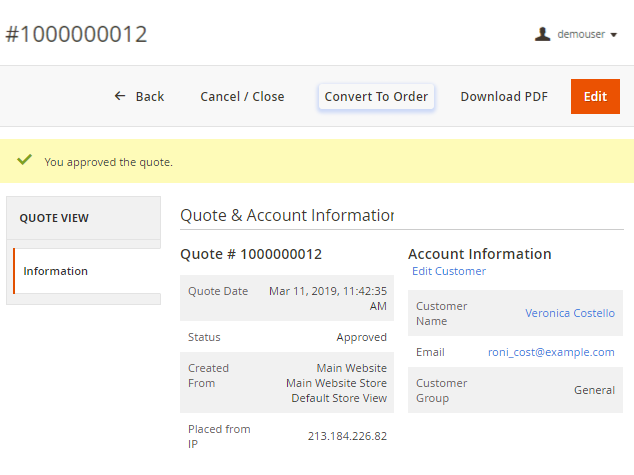 magento 2 request a quote convert to order