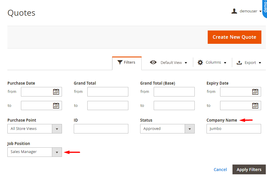 ?nolink|magento 2 request a quote custom fields in filtering
