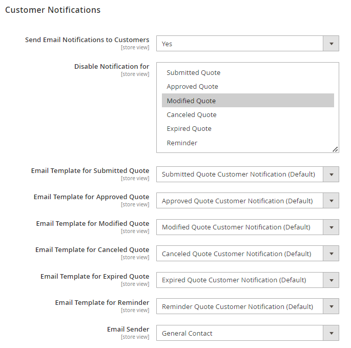 magento 2 request a quote disable customer notifications