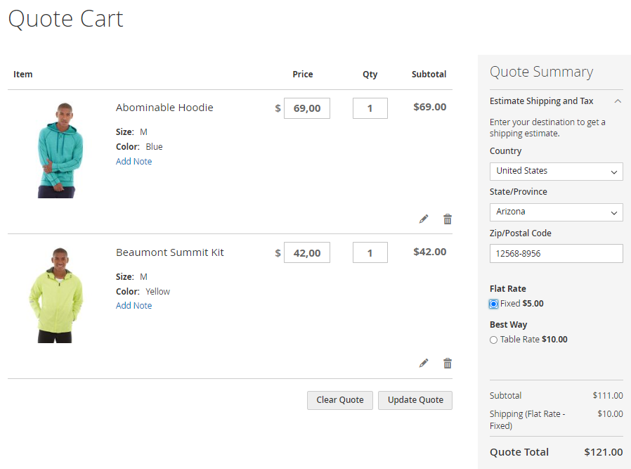 magento 2 request a quote estimate shipping front