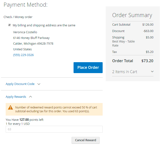magento 2 reward points notification exceed redemption limit checkout