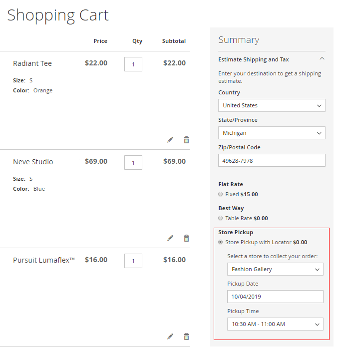 magento 2 store pickup customer cart