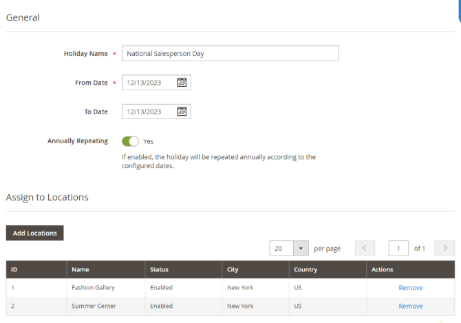 magento 2 store locator holiday settings