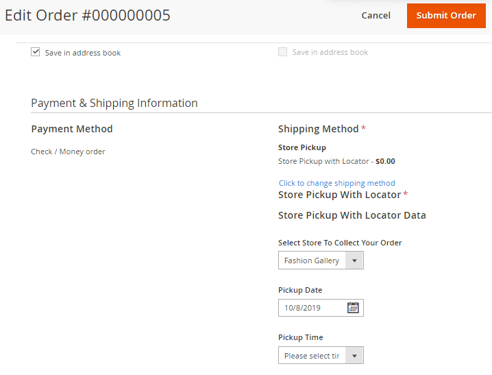 magento 2 store pickup with locator edit order admin