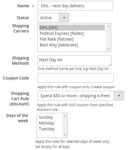 Settings for shipping rules magento 2 shipping rules