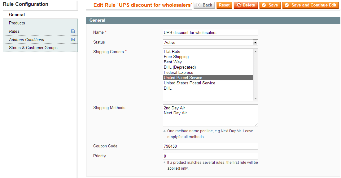 Magento Shipping Rules set UPS, USPS, FedEx delivery options